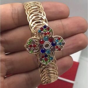 RARE Vintage Estate 18K Gold Multi Color Gemstone Flower Bangle Cuff Bracelet